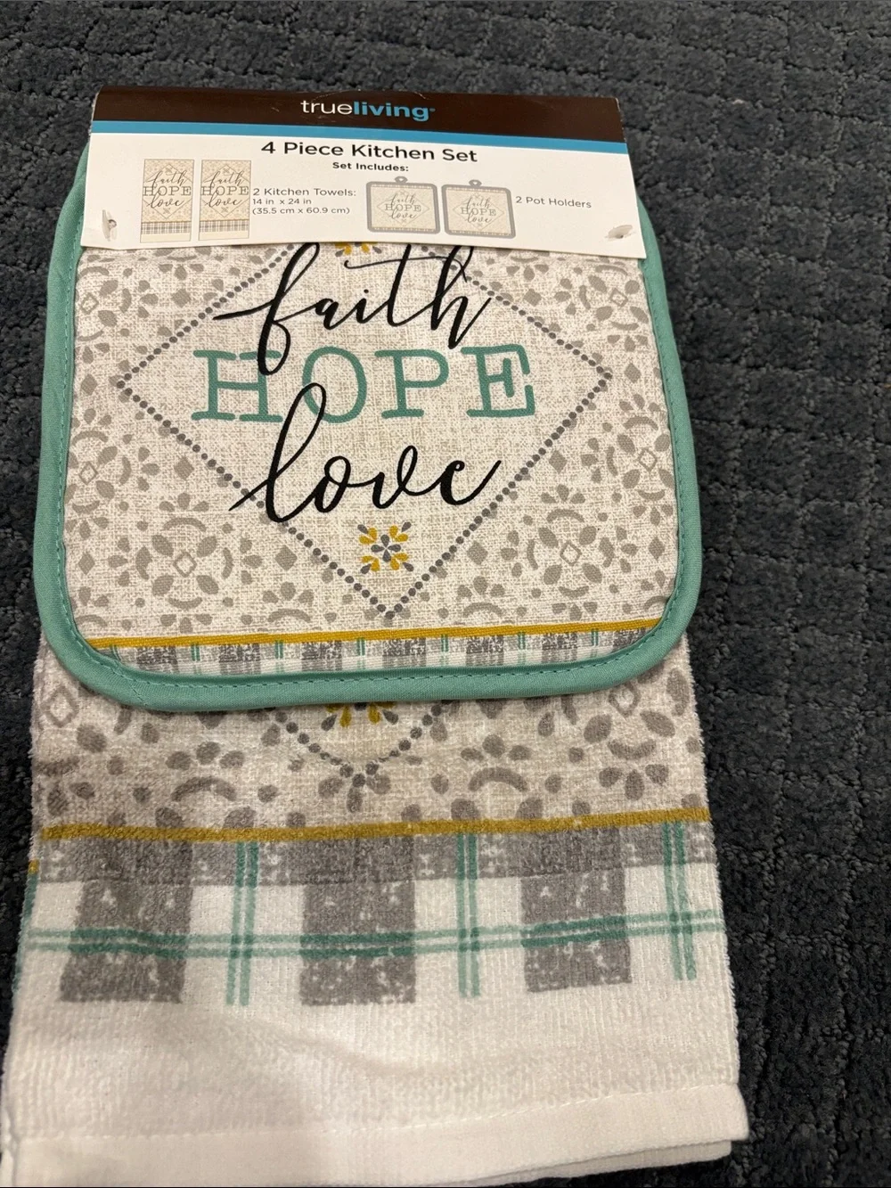 Home Kitchen 'Hope' Teal Accent Pot Holder and Towel Set